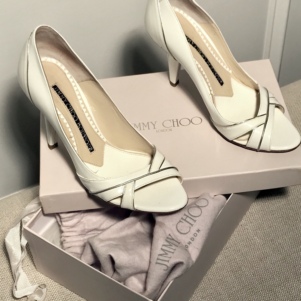 Jimmy Choo White Patent Leather Heels, Retail $495
Excellent Condition!